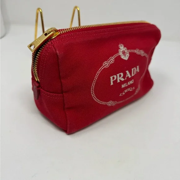 💯 Authentic PRADA Logo Canapa Pouch Cosmetics Pouch Red Canvas Used - Picture 3 of 7